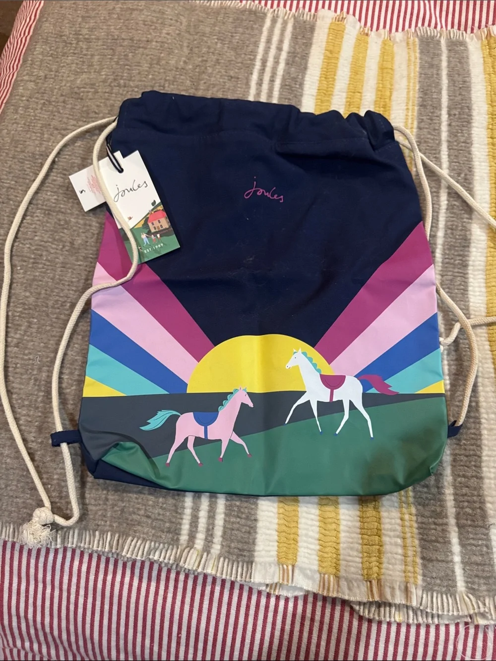 Joules Navy Drawstring Backpack with Rainbow Rays and Horse Motif